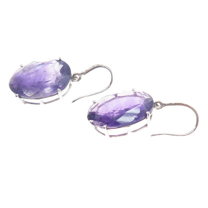 DSMK 925 Sterling Silver Real Diamond & Oval-Cut Amethyst Dangle Earrings
