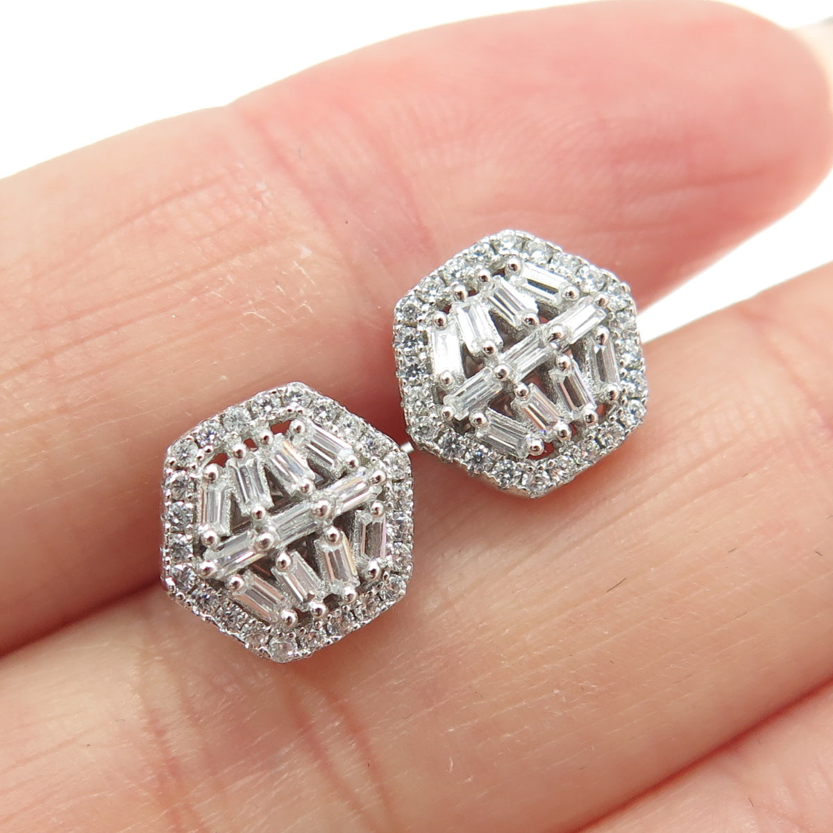 925 Sterling Silver Round & Baguette-Cut C Z Hexagon Stud Earrings