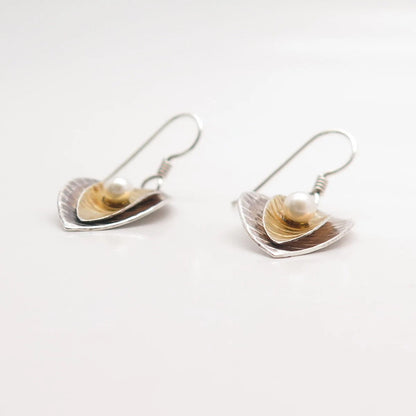 925 Sterling Silver Vintage Real Pearl Textured Dangling Hook Earrings