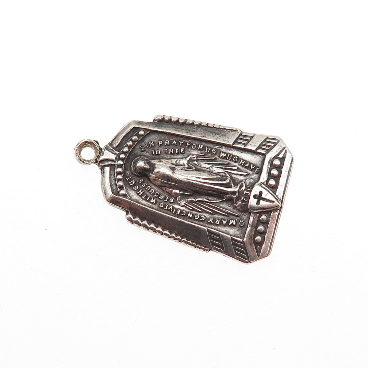 925 Sterling Silver Antique Art Deco St. Mary Miraculous Oxidized Charm Pendant