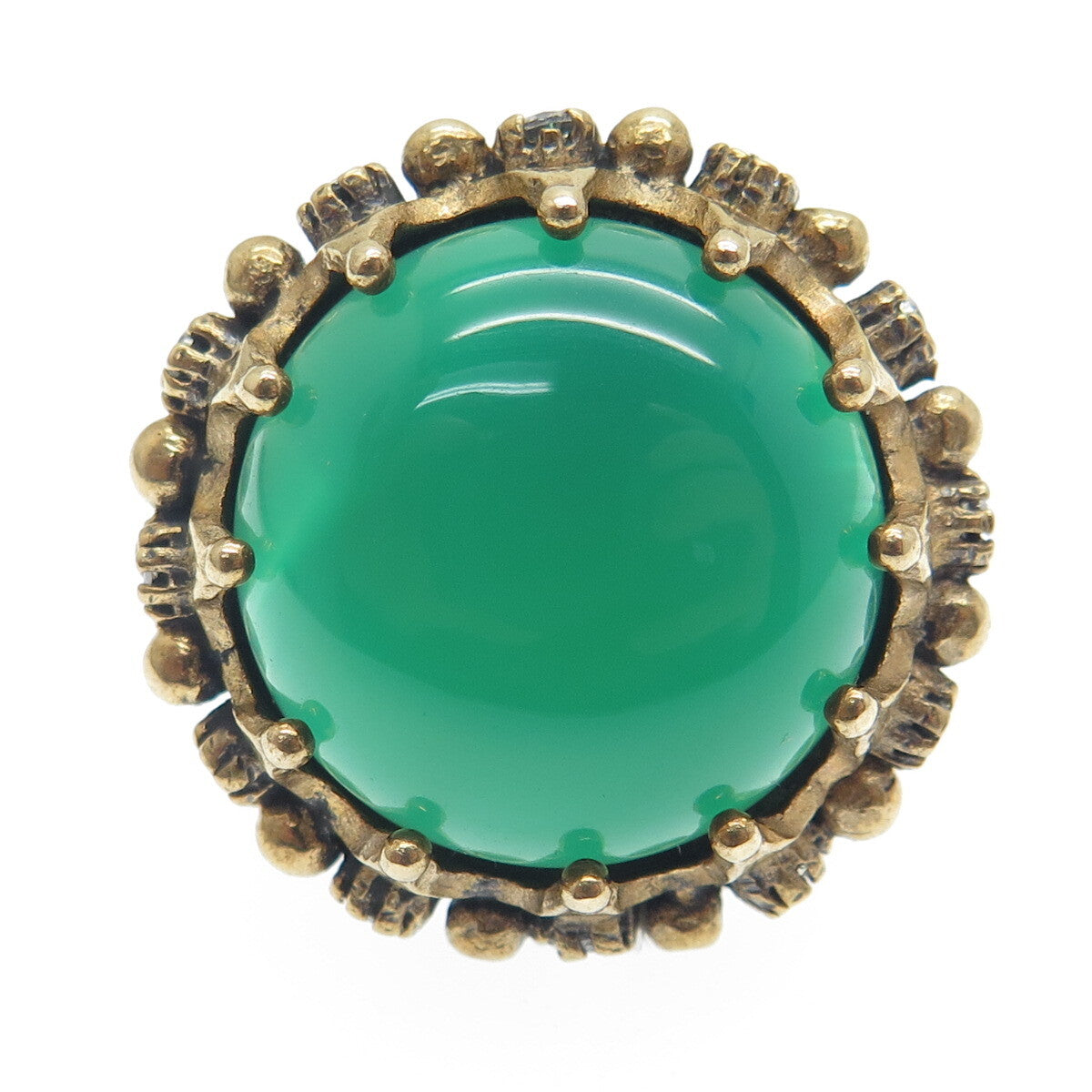 925 Sterling Silver 2-Tone Vintage Real Green Onyx & C Z Tulip Ring Size 8