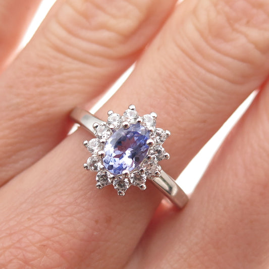 925 Sterling Silver Real Oval-Cut Tanzanite & Round-Cut White Topaz Ring Size 8