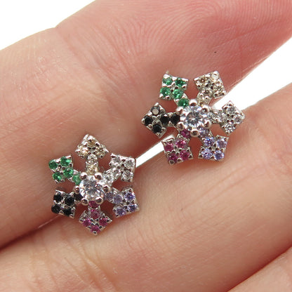 925 Sterling Silver Round-Cut Multi-Color C Z Snowflake Stud Earrings