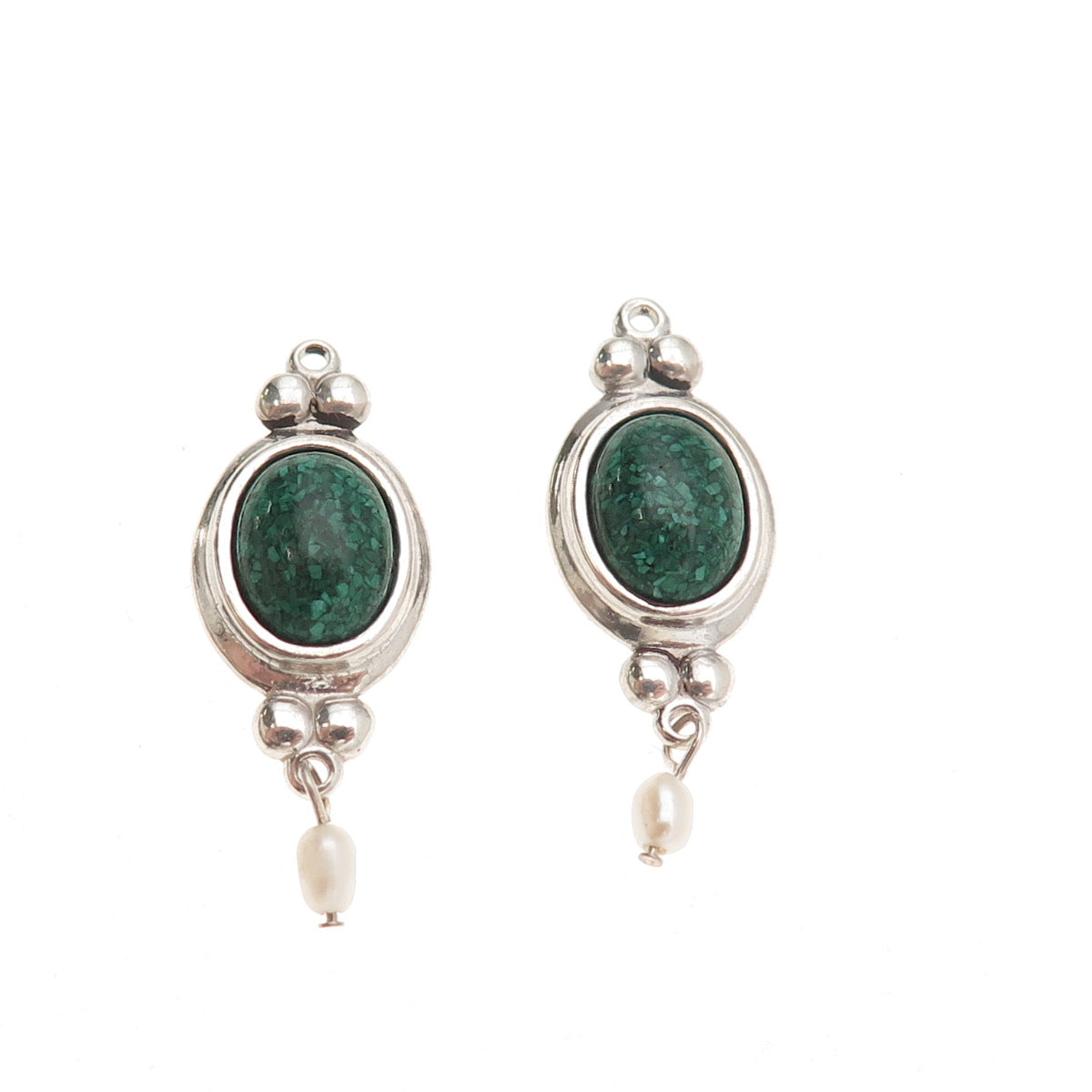Coleman Co. Sterling Silver Vintage Real Malachite Inlay & Pearl Jacket Earrings