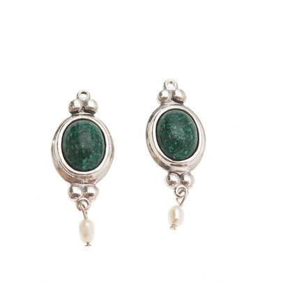 Coleman Co. Sterling Silver Vintage Real Malachite Inlay & Pearl Jacket Earrings