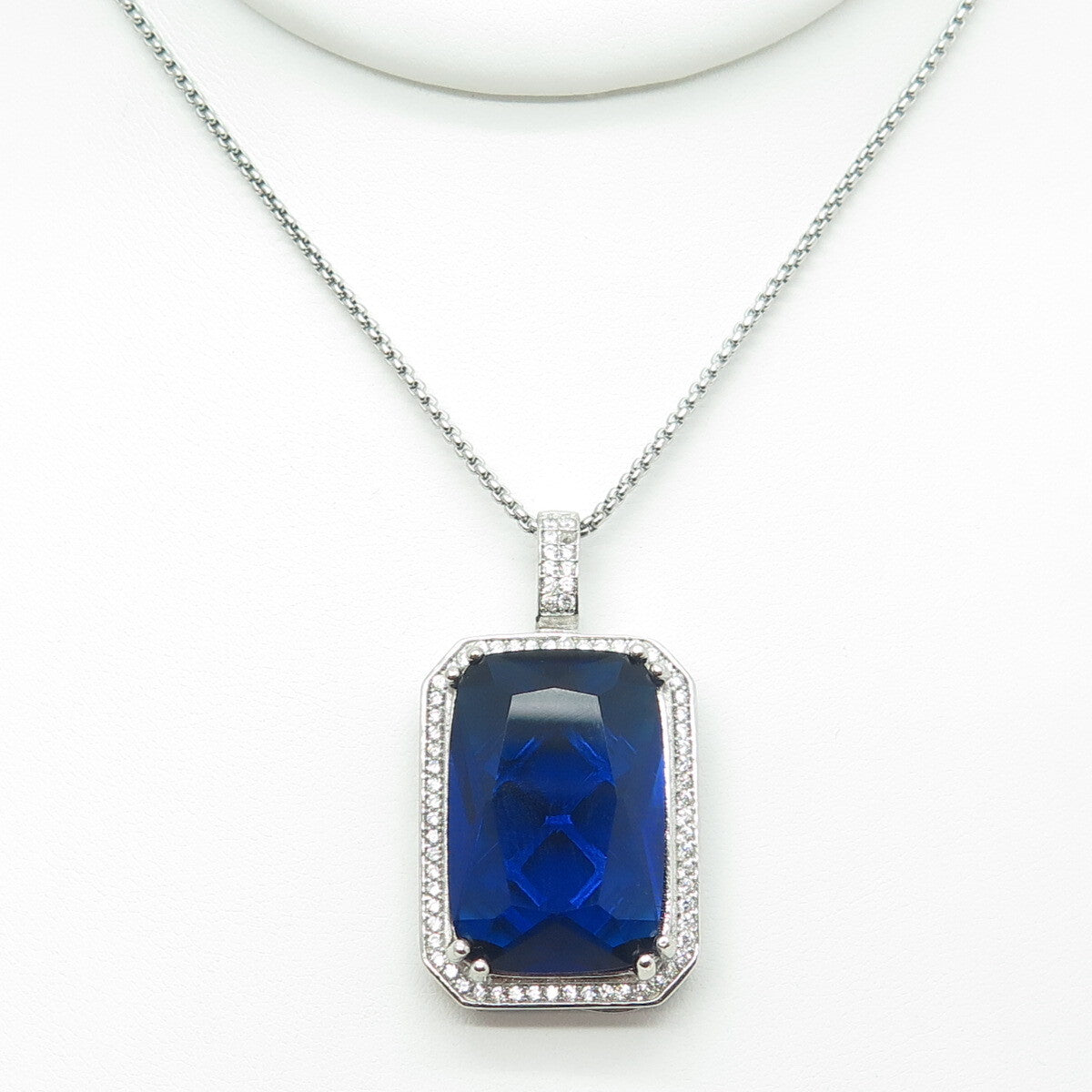925 Sterling Silver Blue Glass & White C Z Round Box Chain Necklace 16"