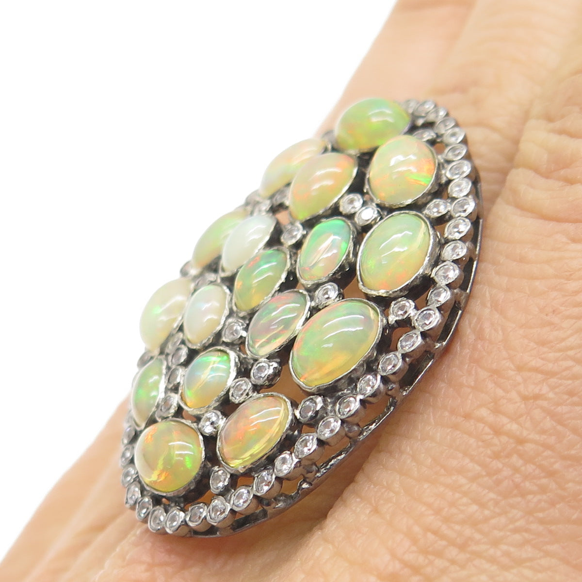 925 Sterling Silver Black Rhodium Real Opal & White Topaz Cluster Ring Size 6.75