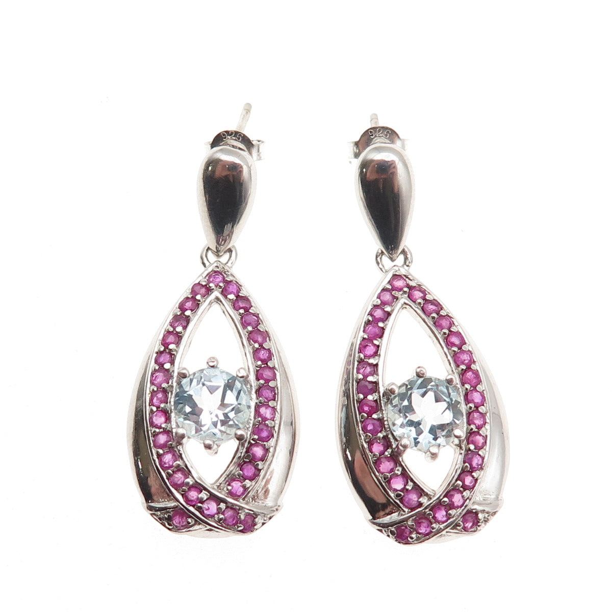 SX Sally C 925 Sterling Silver Real Blue Topaz & Ruby Teardrop Dangle Earrings