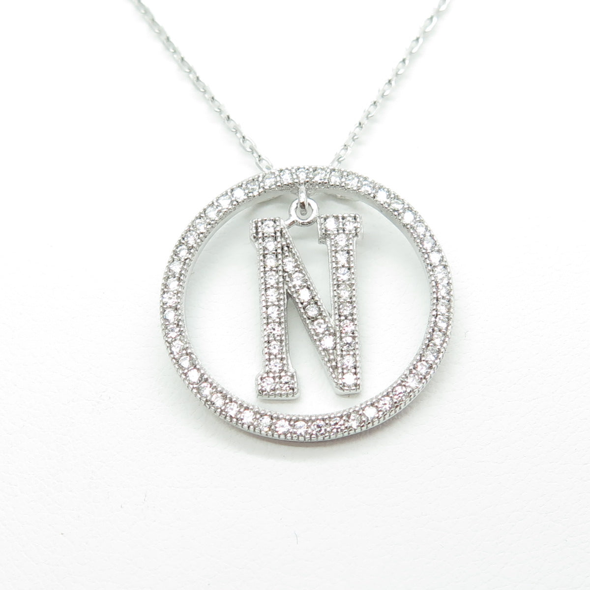 925 Sterling Silver Round-Cut C Z Letter "N" Initial Cable Chain Necklace 16-18"