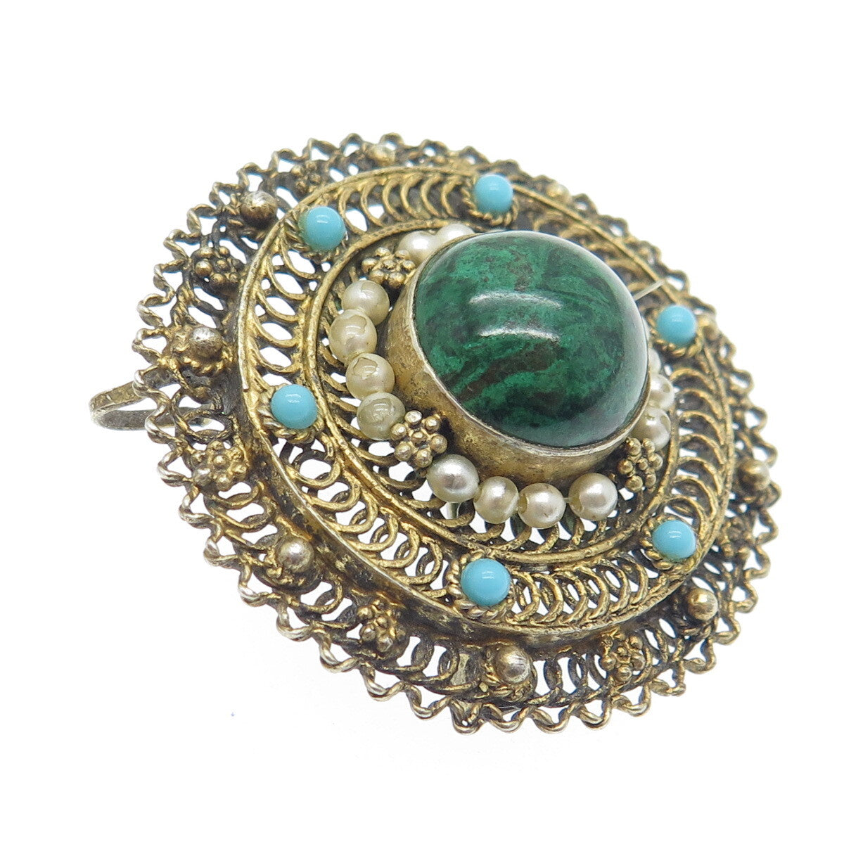 925 Sterling Gold Plated Vintage Israel Faux Pearl & Turquoise Eilat Pin Pendant