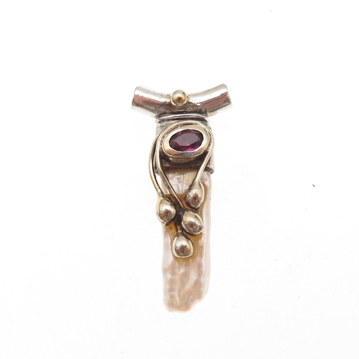 925 Sterling Silver 2-Tone Vintage Real Pearl & Red Garnet Slide Charm Pendant