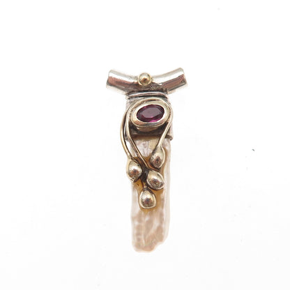 925 Sterling Silver 2-Tone Vintage Real Pearl & Red Garnet Slide Charm Pendant