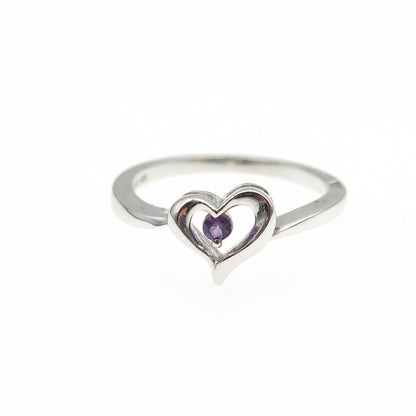 925 Sterling Silver Round-Cut Purple C Z Heart Ring Size 6.5