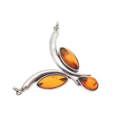 925 Sterling Silver Vintage Real Amber Modernist Centerpiece Pendant