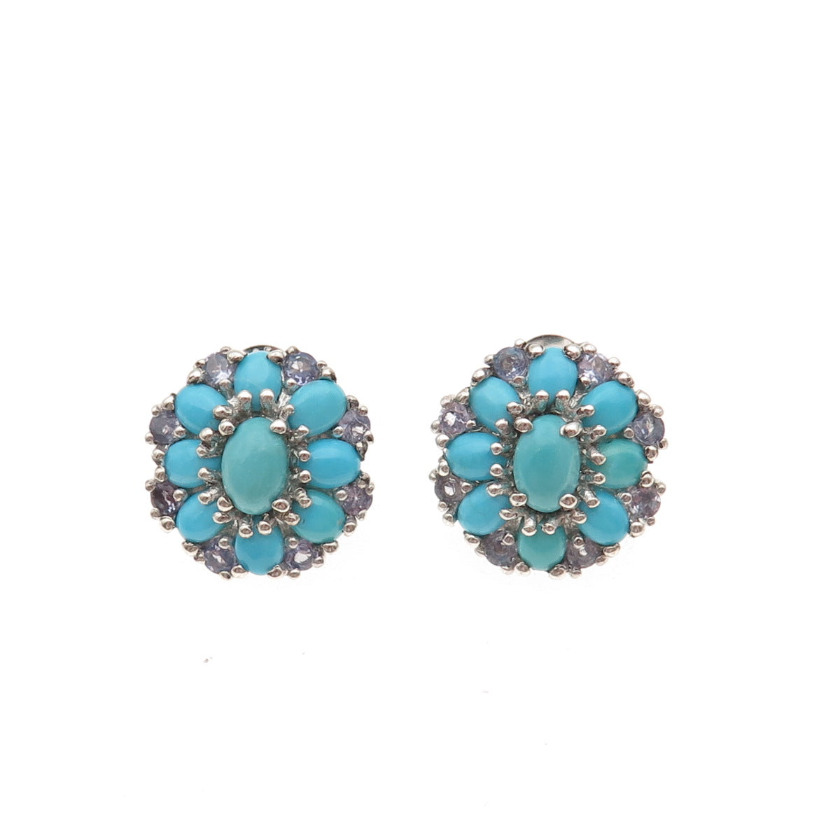 Chuck Clemency 925 Sterling Silver Real Turquoise & Tanzanite Floral Earrings