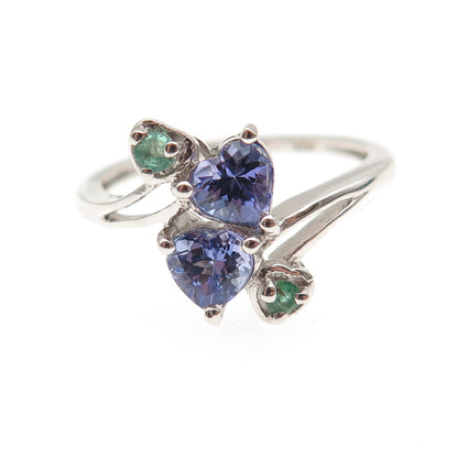 Chuck Clemency 925 Sterling Silver Real Tanzanite & Emerald Heart Ring Size 8