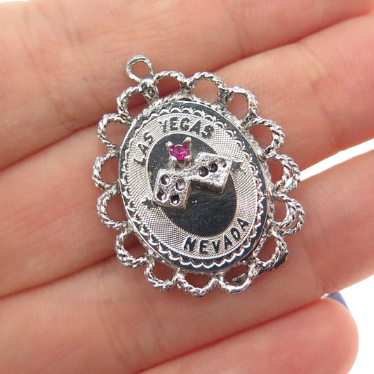 925 Sterling Silver Vintage Pink Rhinestone Las Vegas Nevada Charm Pendant