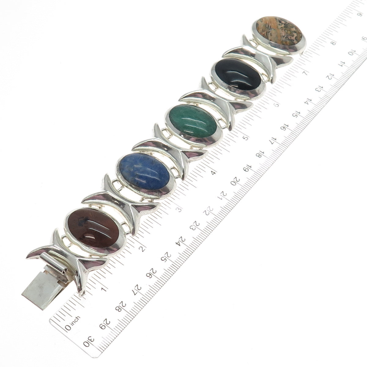 925 Sterling Vintage Mexico Obsidian Jasper Onyx Amazonite & Lapis Bracelet 7"