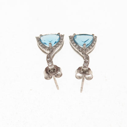 925 Sterling Silver Real Triangle-Cut Blue Topaz & Round-Cut C Z Earrings