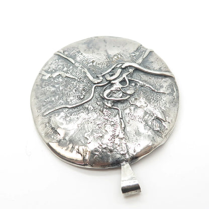 925 Sterling Silver Vintage Brutalist Modernist Large Round Pendant