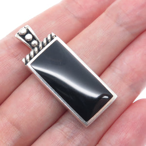 925 Sterling Silver Vintage Real Black Onyx Gemstone Bar Pendant