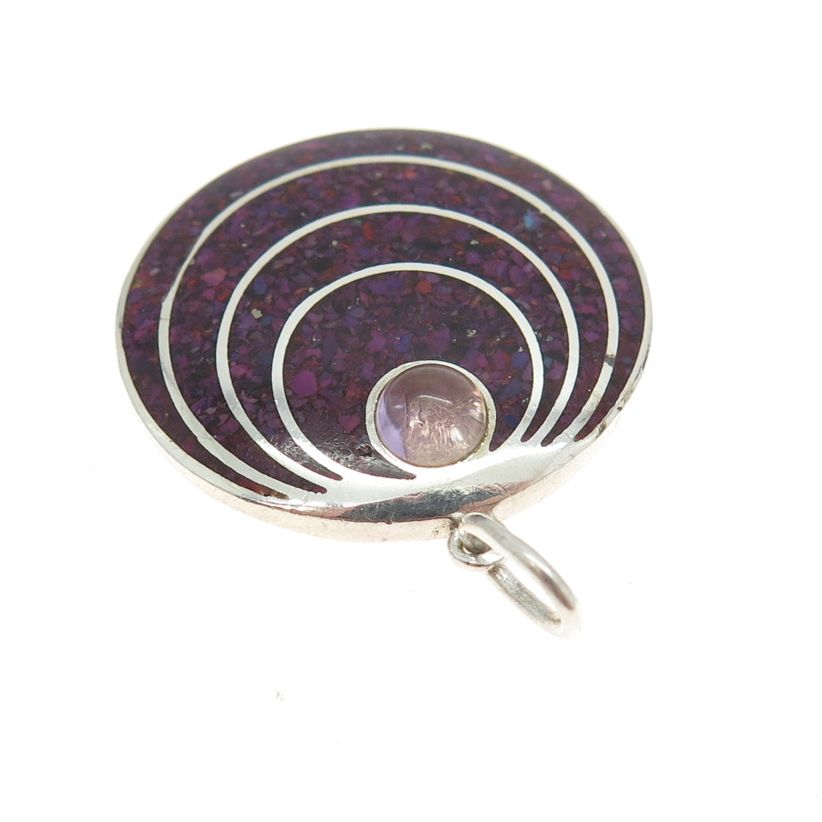 925 Sterling Silver Vintage Real Sugilite Inlay & Amethyst Modernist Pendant