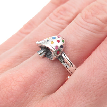 925 Sterling Silver Vintage Enamel Mushroom Oxidized Ring Size 9