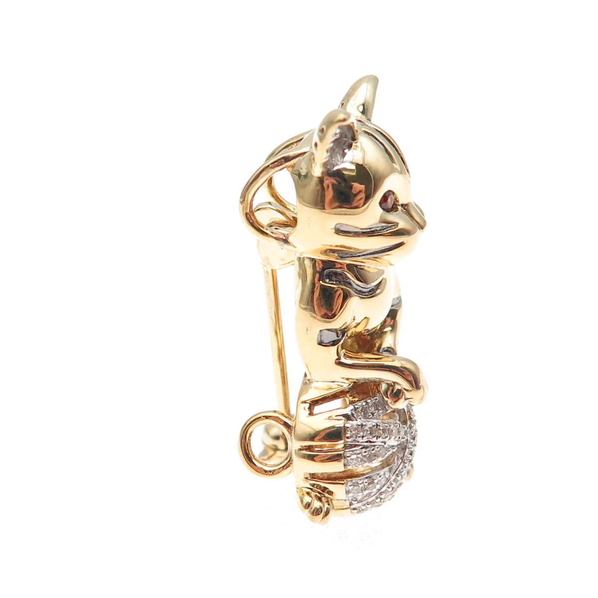 925 Sterling Gold Plated Real Diamond Red Garnet Cat Heart Brooch Slide Pendant