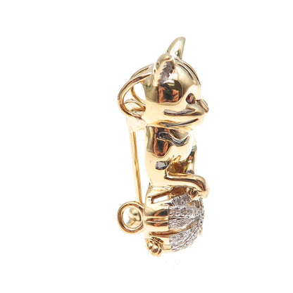 925 Sterling Gold Plated Real Diamond Red Garnet Cat Heart Brooch Slide Pendant