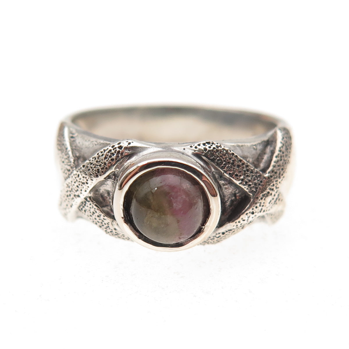 925 Sterling Silver Vintage Real Watermelon Tourmaline Modernist Ring Size 6