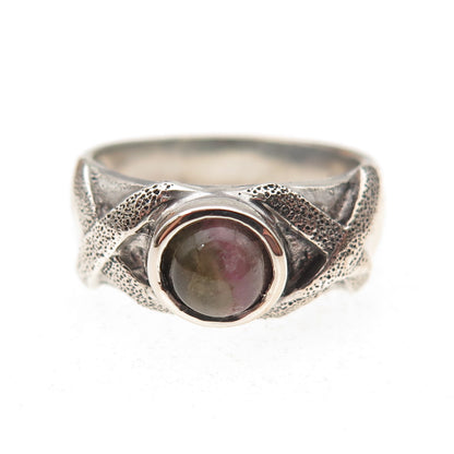 925 Sterling Silver Vintage Real Watermelon Tourmaline Modernist Ring Size 6