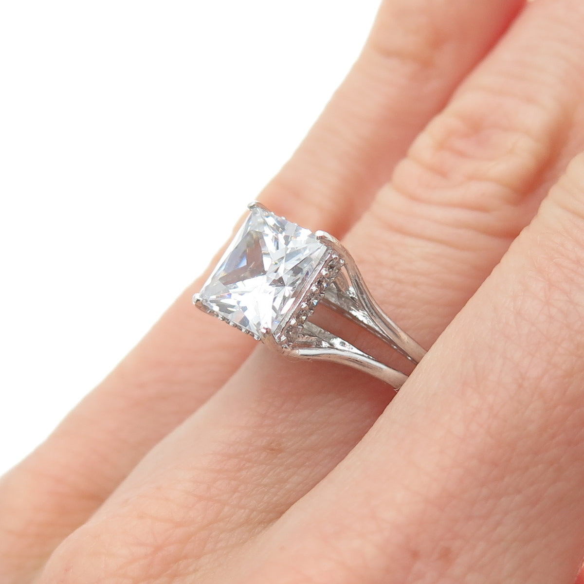 BGE BRADFORD Sterling Silver Princess & Round-Cut C Z Engagement Ring Size 6.25