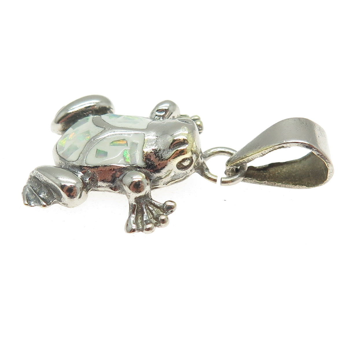 925 Sterling Silver Vintage Real Opal Inlay Frog For Good Luck Oxidized Pendant