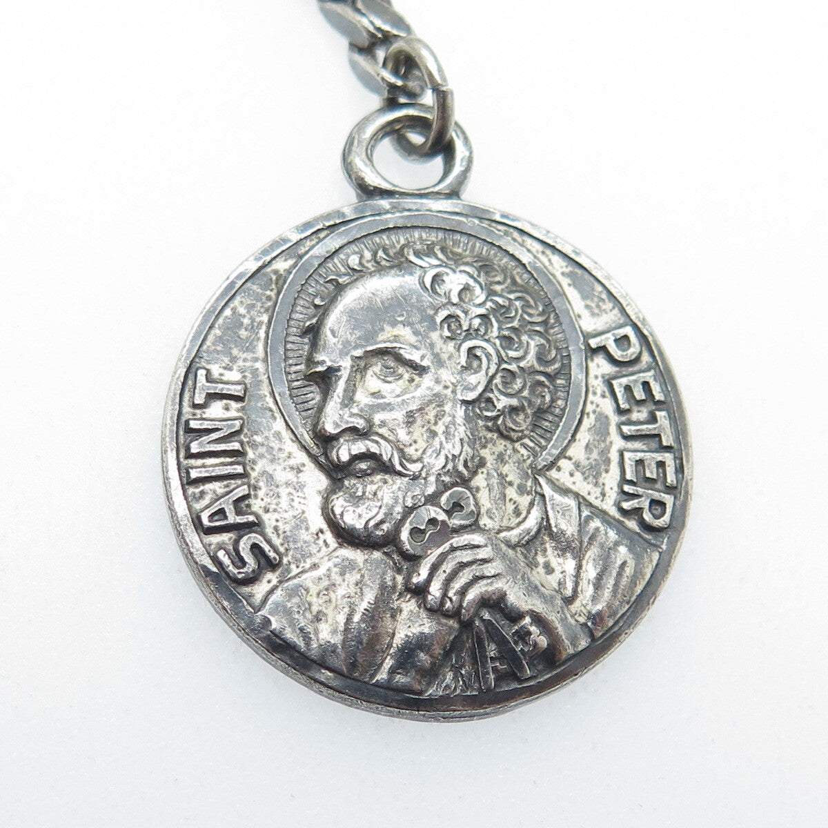 925 Sterling Silver Antique Art Deco St. Peter Emergency OxidizedKey Fob Chain