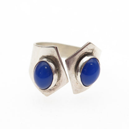 925 Sterling Vintage Israel Blue Chalcedony Modernist Adjustable Ring Size 7.25