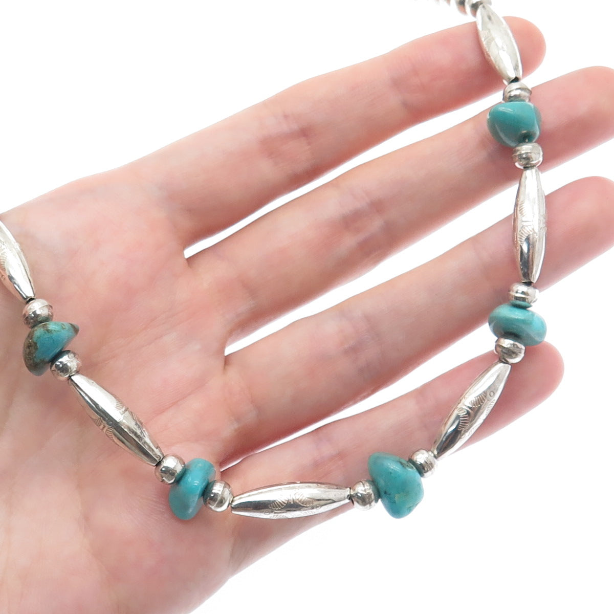 Old Pawn 925 Sterling Silver Vintage Turquoise Gem Bar & Bead Chain Necklace 14"