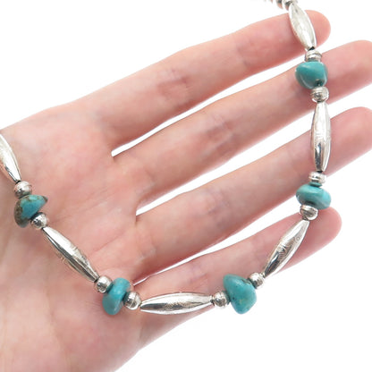 Old Pawn 925 Sterling Silver Vintage Turquoise Gem Bar & Bead Chain Necklace 14"