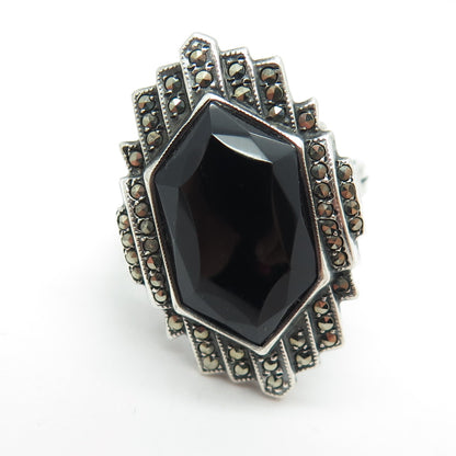 UNCAS 925 Sterling Silver Antique Black Onyx & Marcasite Gem Ring Size 7.5