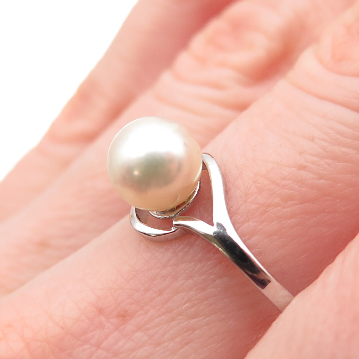 925 Sterling Silver Real Pearl Bypass Ring Size 9