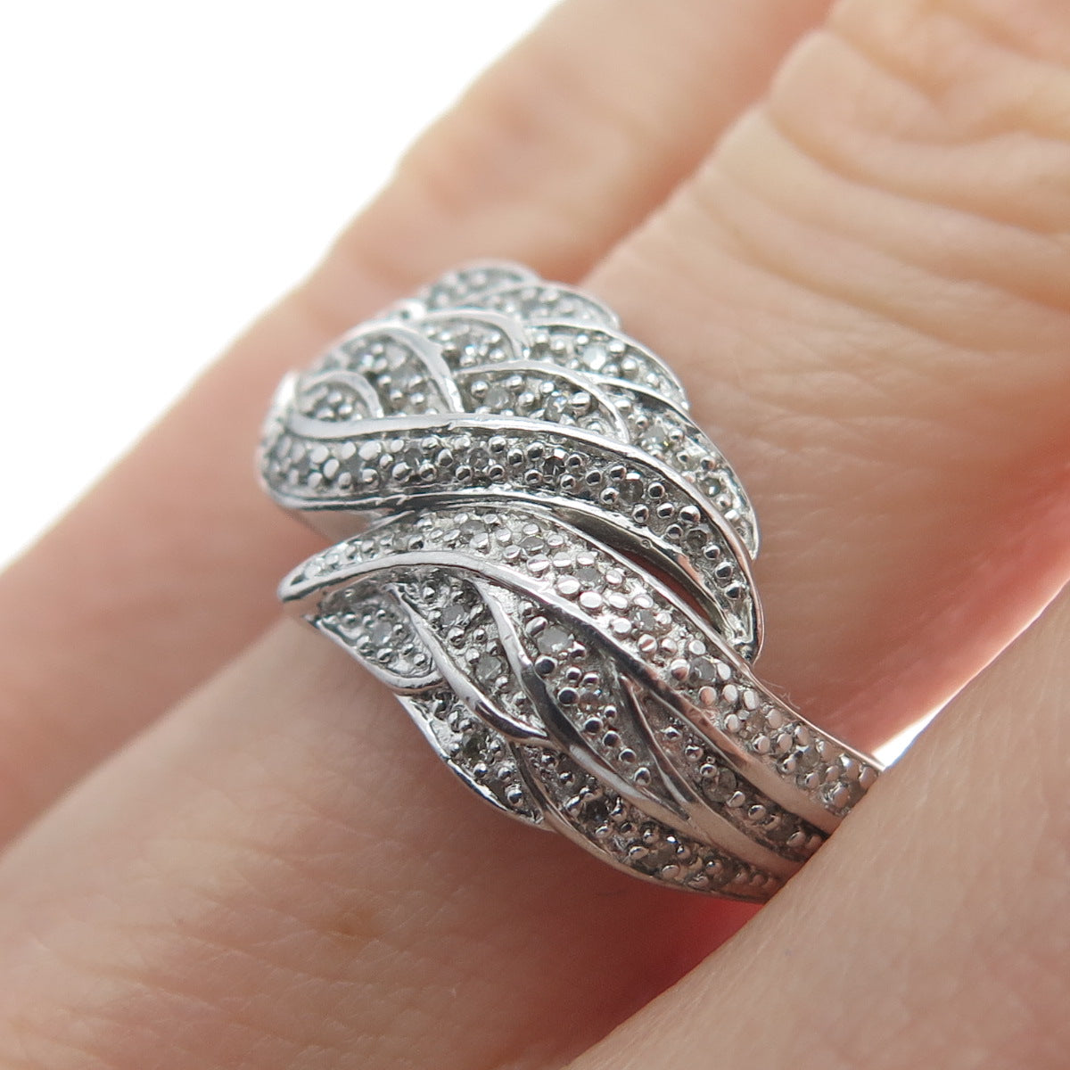 925 Sterling Silver Real Round-Cut Diamond Wings Ring Size 8.25