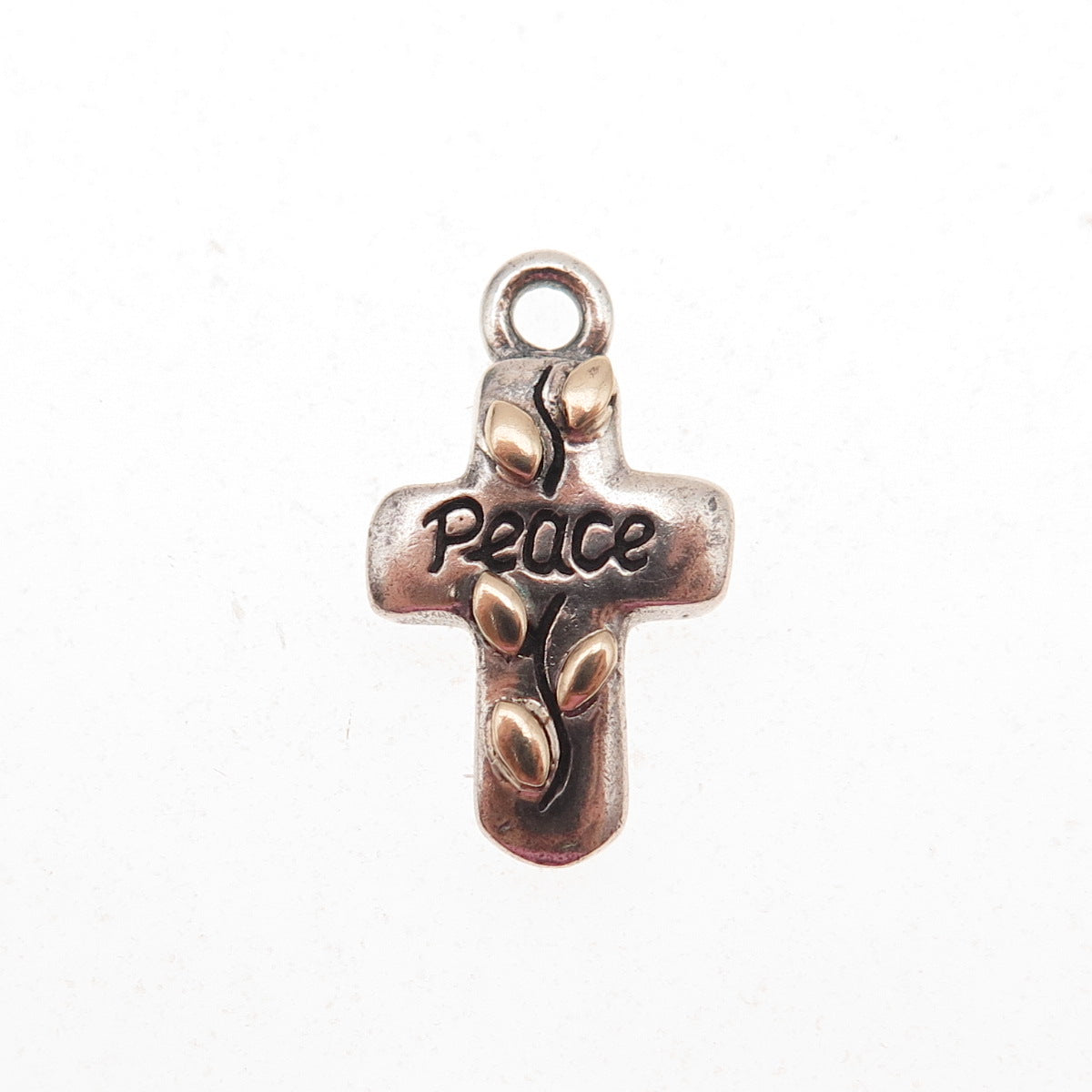 925 Sterling Silver 14K Gold Vintage Peace Floral Cross Oxidized Charm Pendant