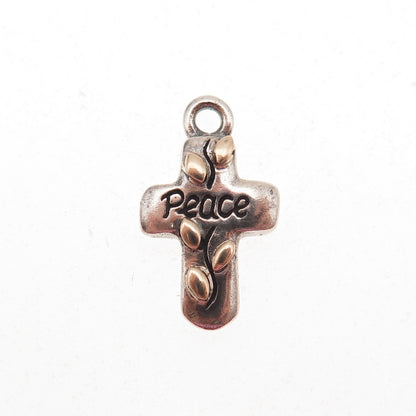 925 Sterling Silver 14K Gold Vintage Peace Floral Cross Oxidized Charm Pendant