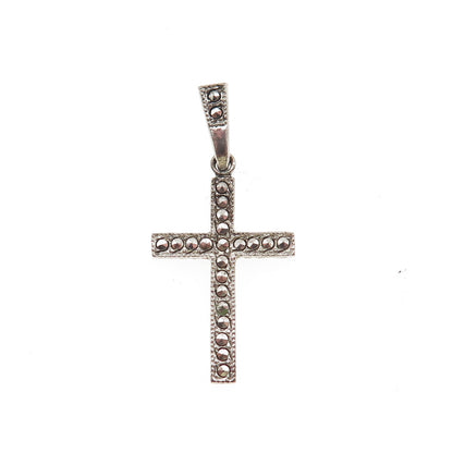 Theda 925 Sterling Silver Antique Art Deco Real Marcasite Cross Charm Pendant