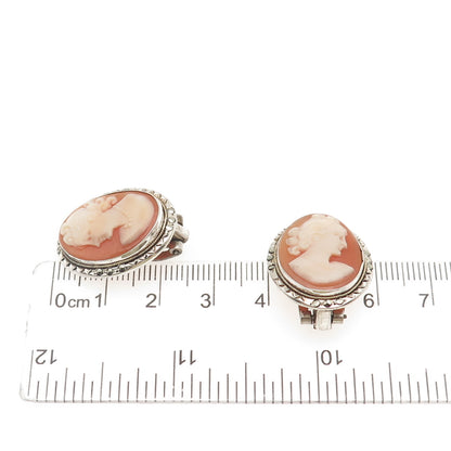 800 Silver Antique Art Deco Real MOP & Marcasite Lady Cameo Clip On Earrings