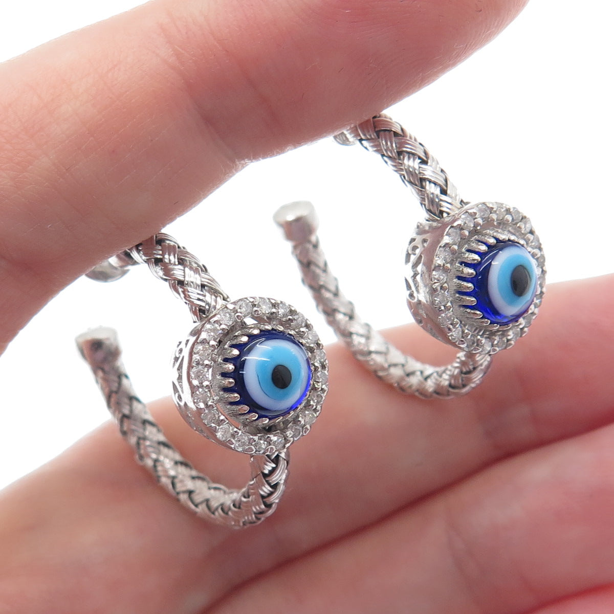 925 Sterling Silver Real Diamond & Enamel Evil Eye Wicker Half Hoop Earrings