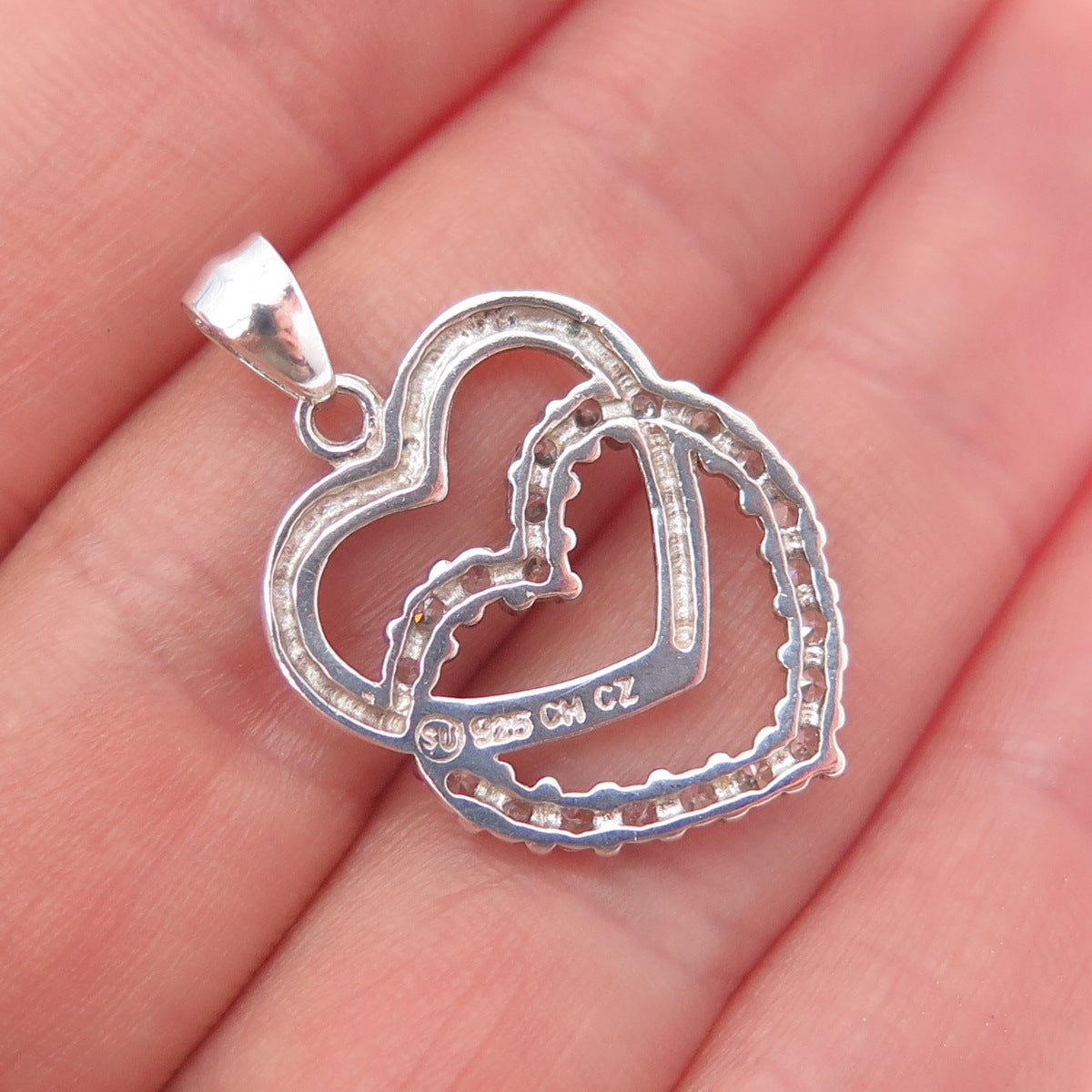 925 Sterling Silver Round-Cut C Z Double Heart Charm Pendant