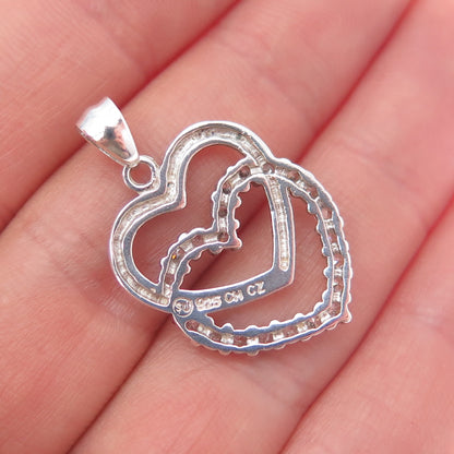 925 Sterling Silver Round-Cut C Z Double Heart Charm Pendant