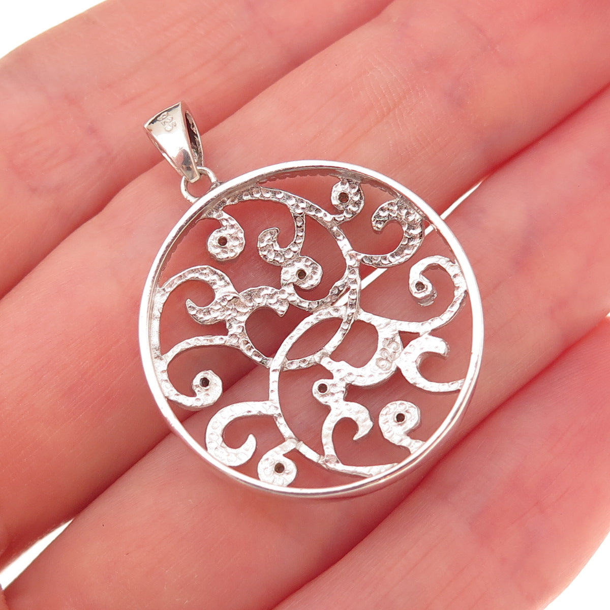925 Sterling Silver Real Round-Cut Diamond Floral Scroll Charm Pendant
