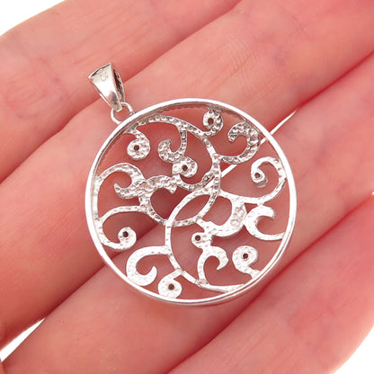 925 Sterling Silver Real Round-Cut Diamond Floral Scroll Charm Pendant