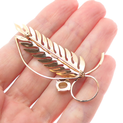 WELLS 925 Sterling Silver Gold Plated Vintage Real Tiger Eye Feather Pin Brooch